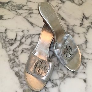 Tory Burch Silver Slide Sandals Kitten Heel